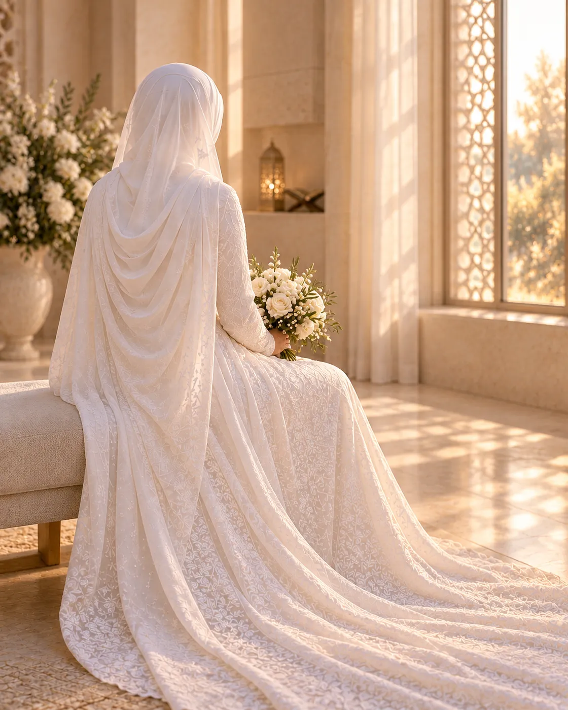 A Muslim bride in a long white wedding dress and white hijab, seen from behind, seated by a sunlit window with a bouquet in her lap