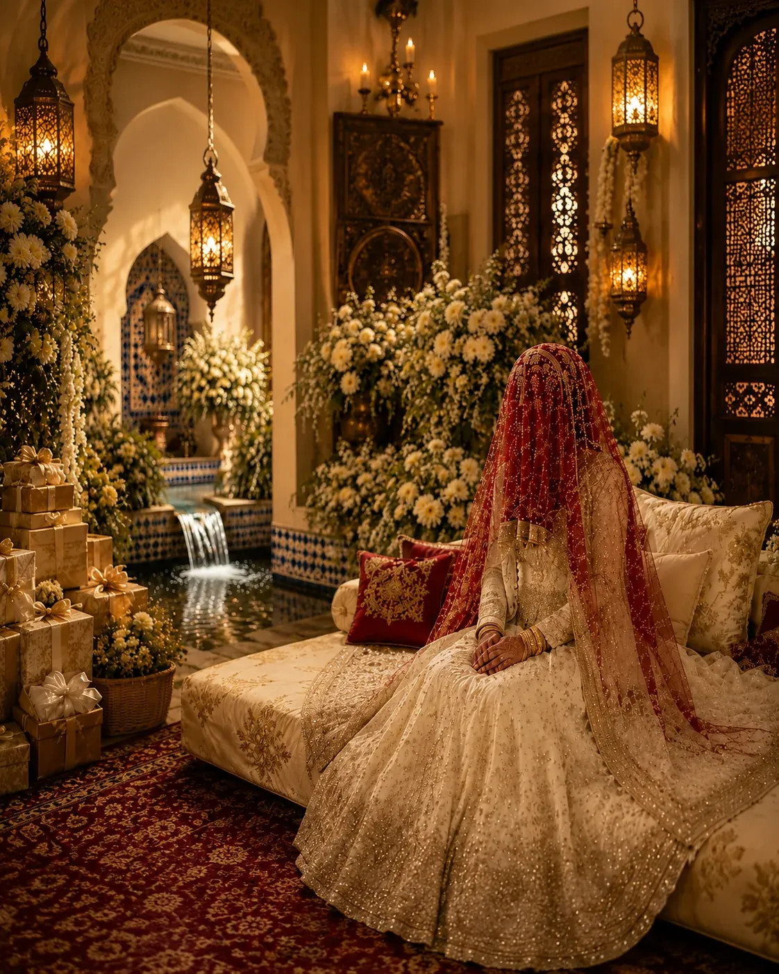 A South Asian bride in an ivory-and-gold wedding dress sits privately beneath a red embroidered veil in a flower-filled room
