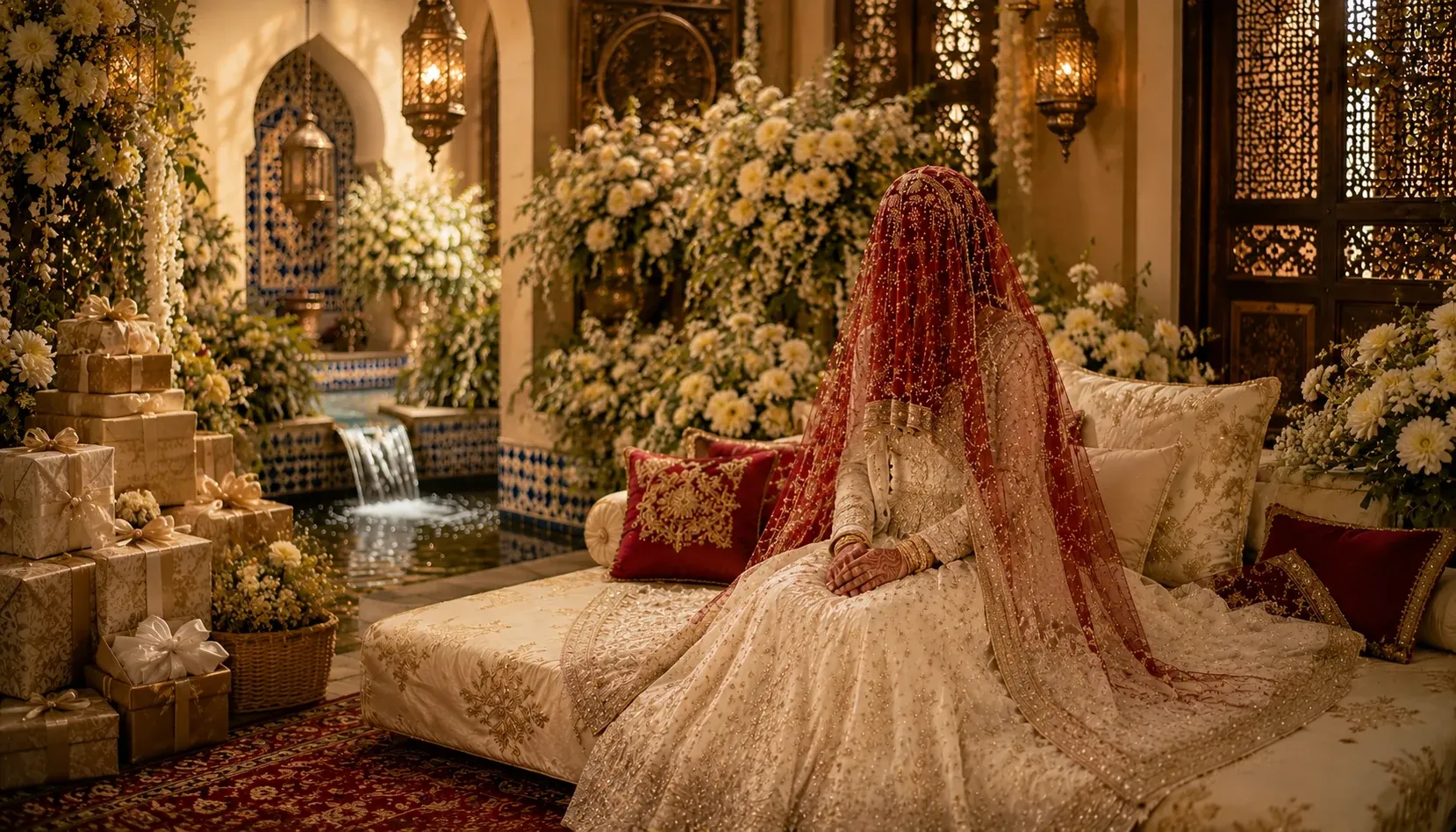 A South Asian bride in an ivory-and-gold wedding dress sits privately beneath a red embroidered veil in a flower-filled room