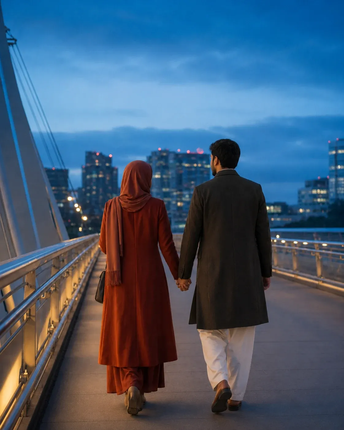 A modestly dressed couple seen from behind, holding hands while crossing a city bridge at blue hour