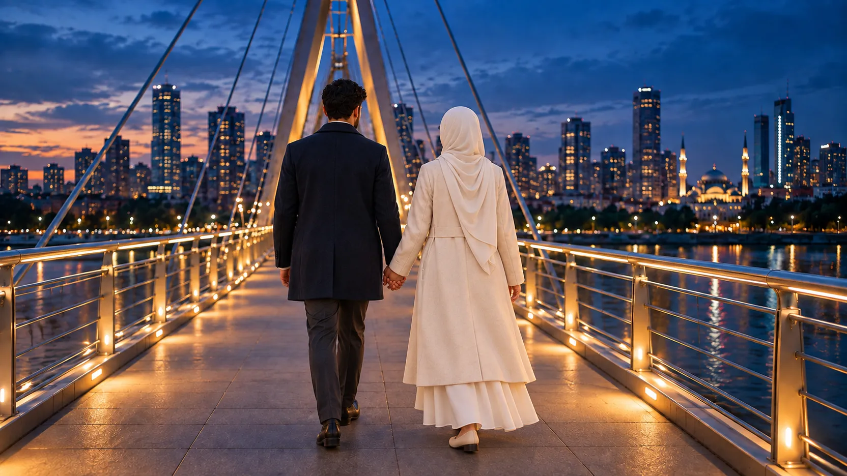 A modestly dressed couple seen from behind, holding hands while crossing a city bridge at blue hour