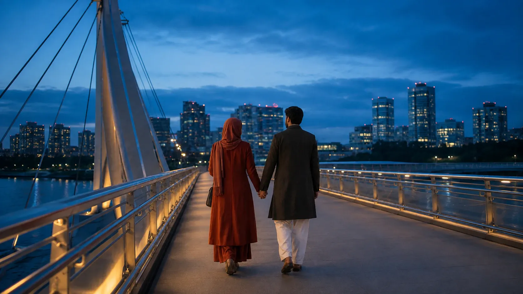 A modestly dressed couple seen from behind, holding hands while crossing a city bridge at blue hour
