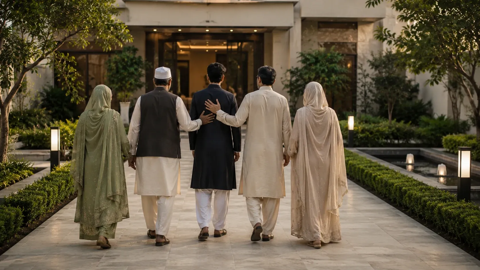 A Muslim man walking toward a family home with his parents and trusted relatives beside him