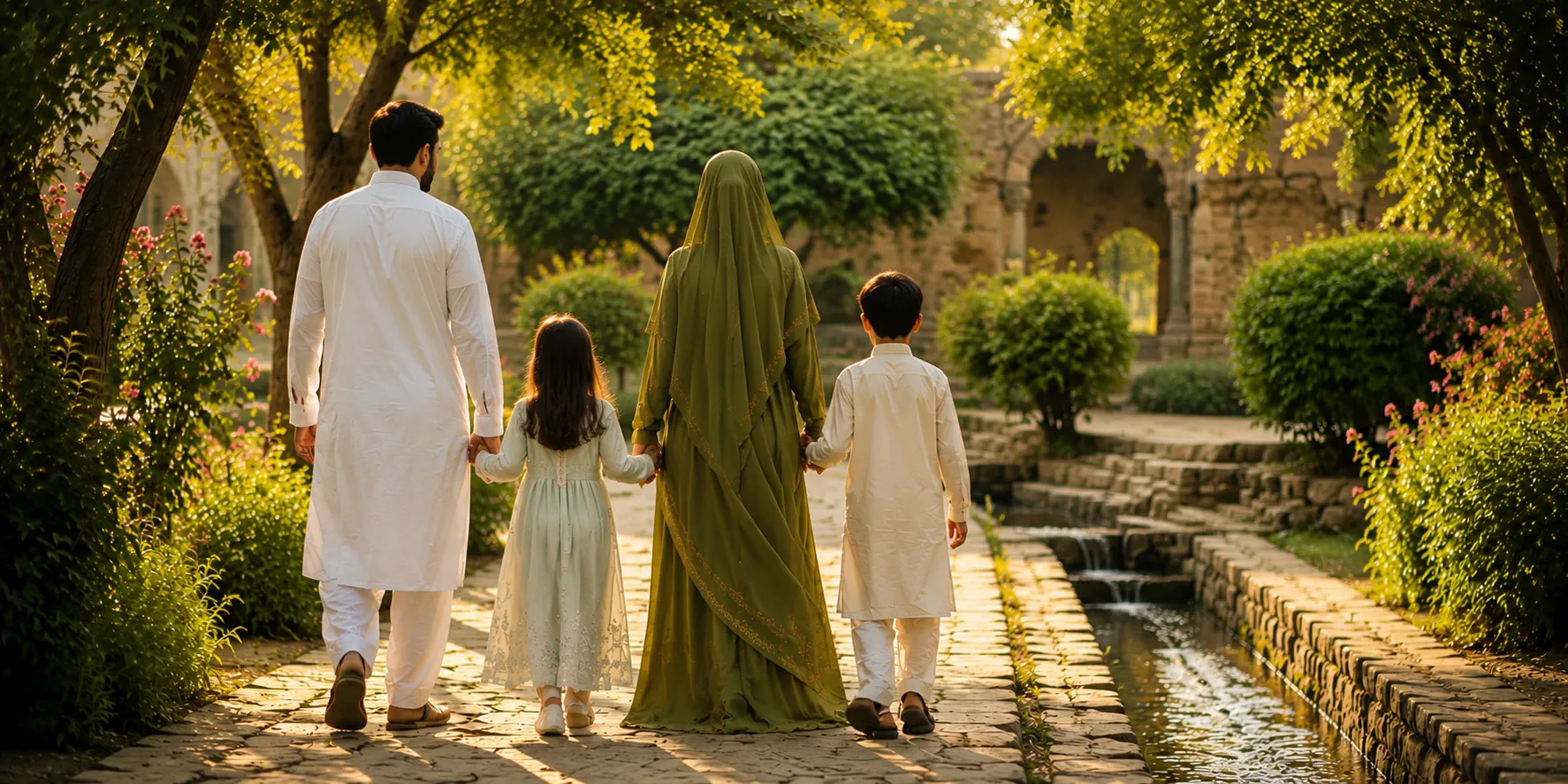 A Muslim couple walking through a garden courtyard with their two children