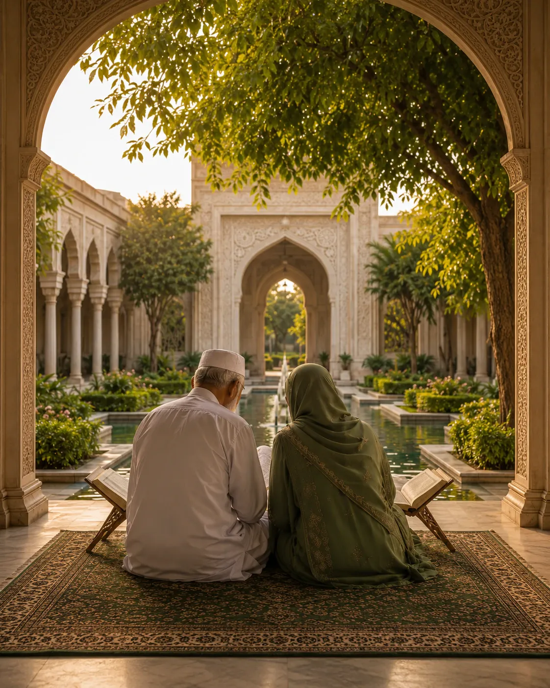 An older Muslim couple seated together beside open copies of the Quran in a peaceful courtyard