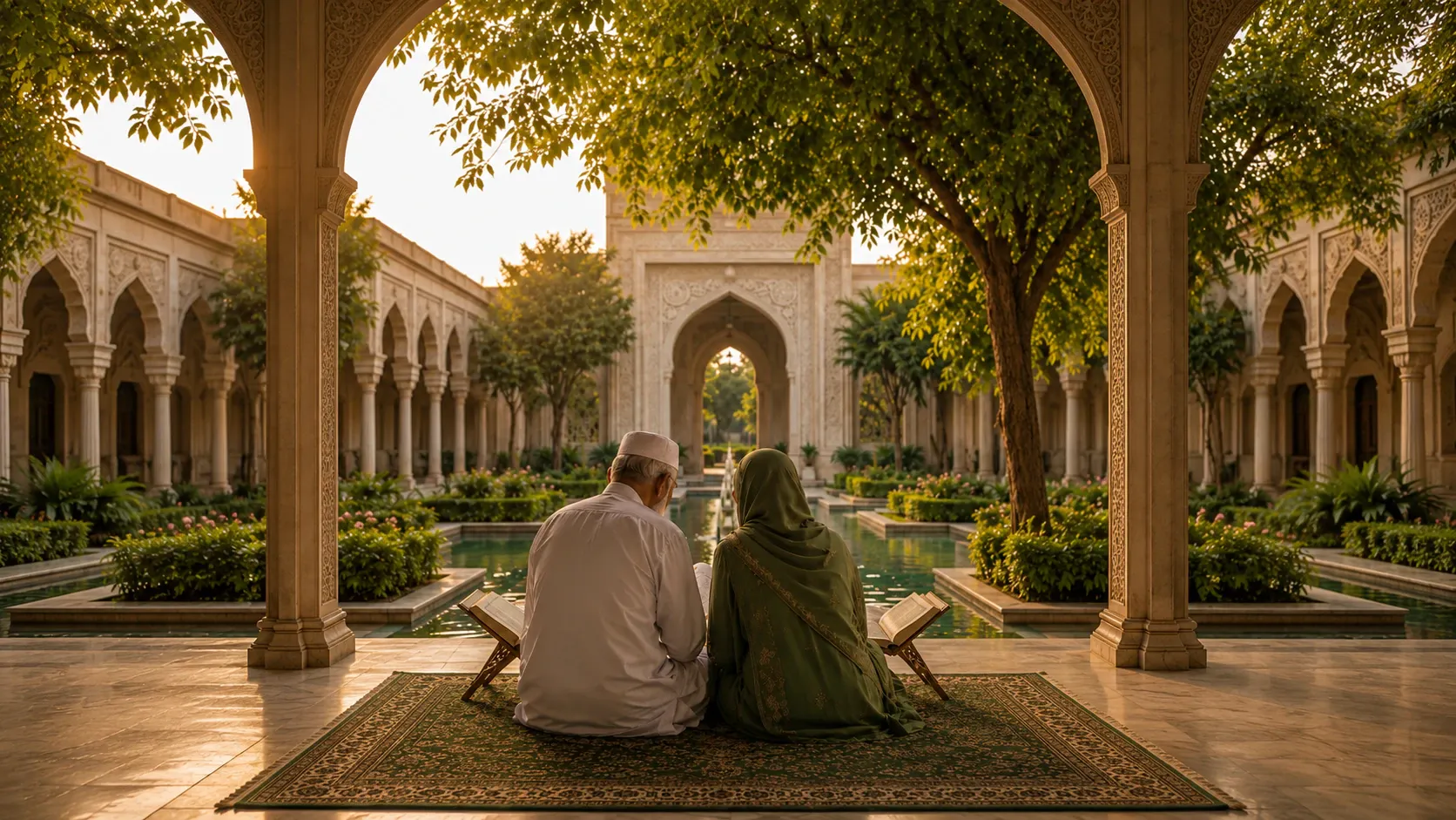 An older Muslim couple seated together beside open copies of the Quran in a peaceful courtyard