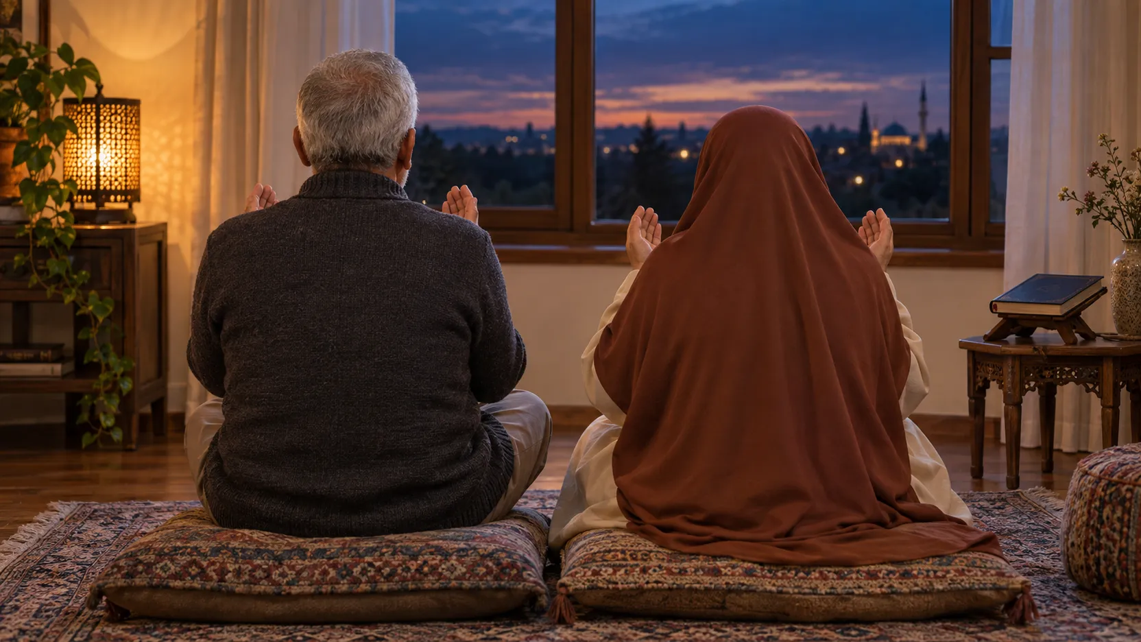 An older Muslim couple seated together at home with their hands raised in du‘a at dusk, seen from behind
