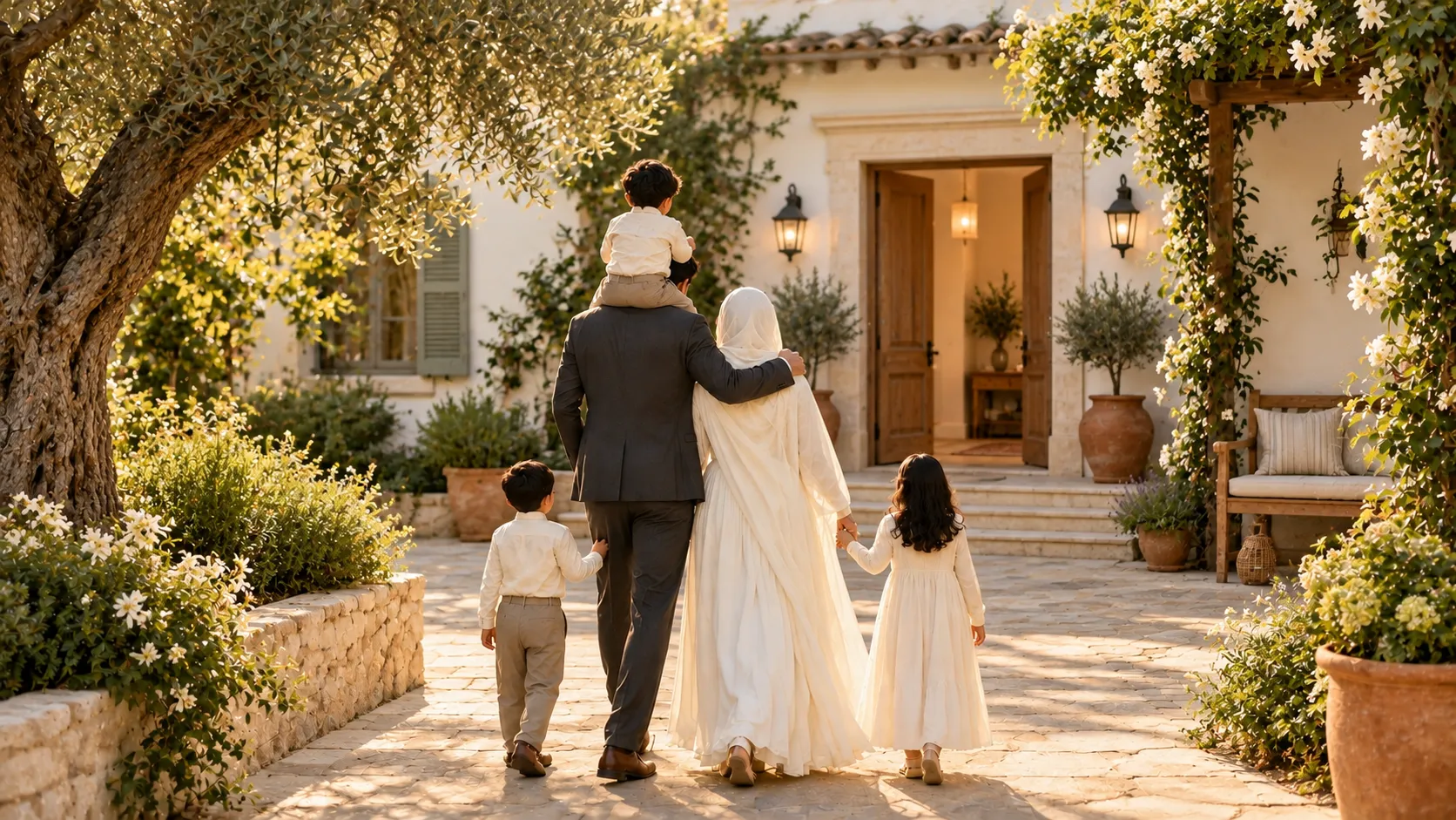A Muslim family approaching a sunlit home, with a child sitting on the father’s shoulders, seen from behind.