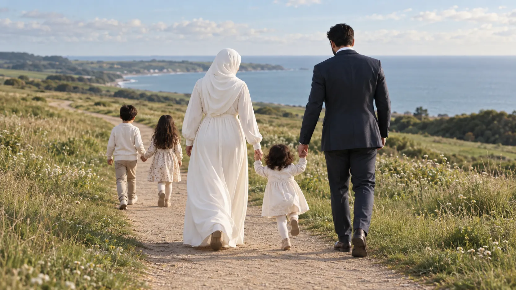 Muslim parents holding their youngest child's hands as their two older children lead the way along a coastal path, viewed from behind