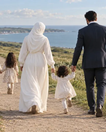 Muslim parents holding their youngest child's hands as their two older children lead the way along a coastal path, viewed from behind