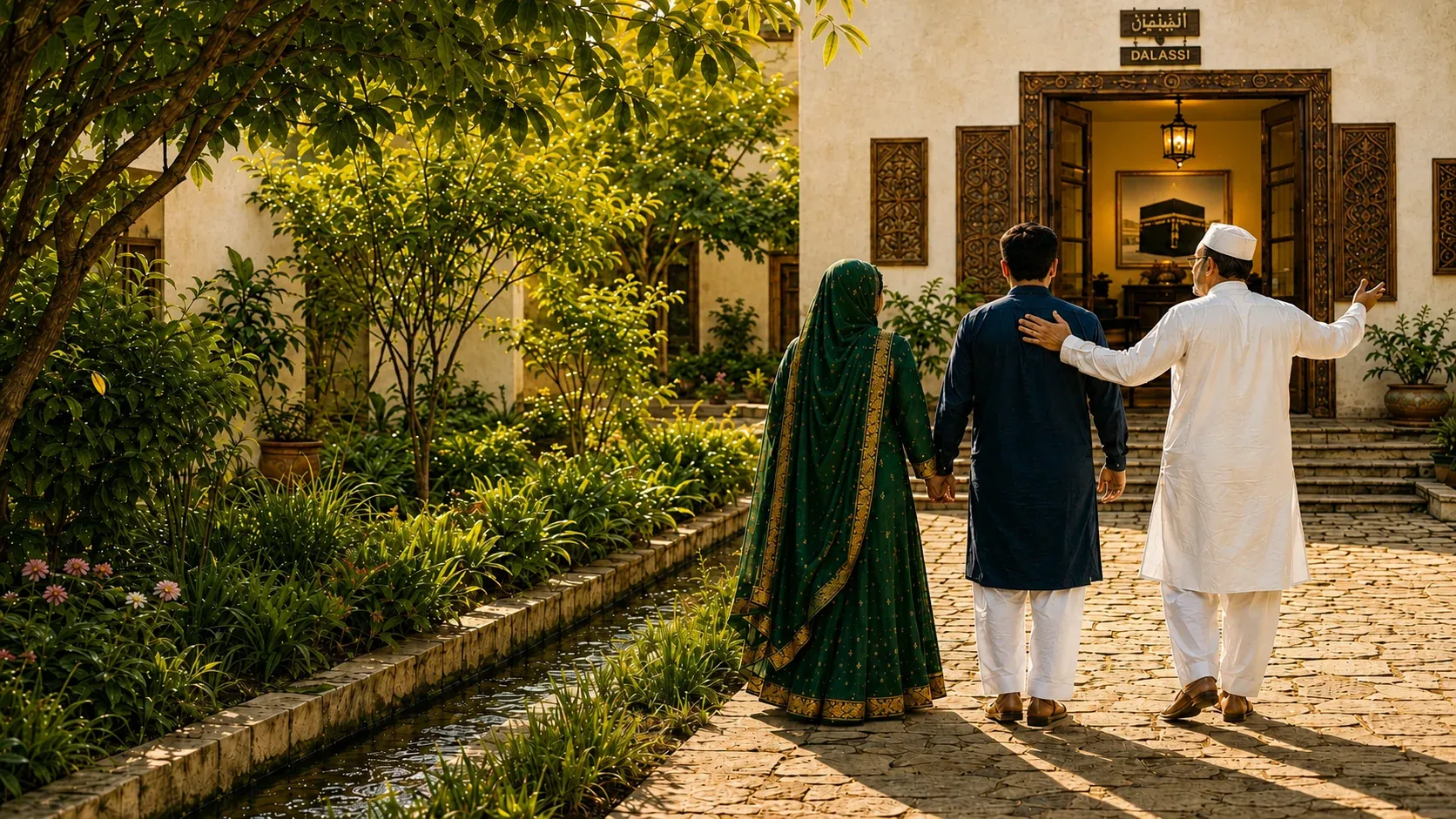 A Muslim couple walking hand in hand through a sunlit Pakistani courtyard while an older relative guides them toward a doorway with a framed image of the Kaaba inside