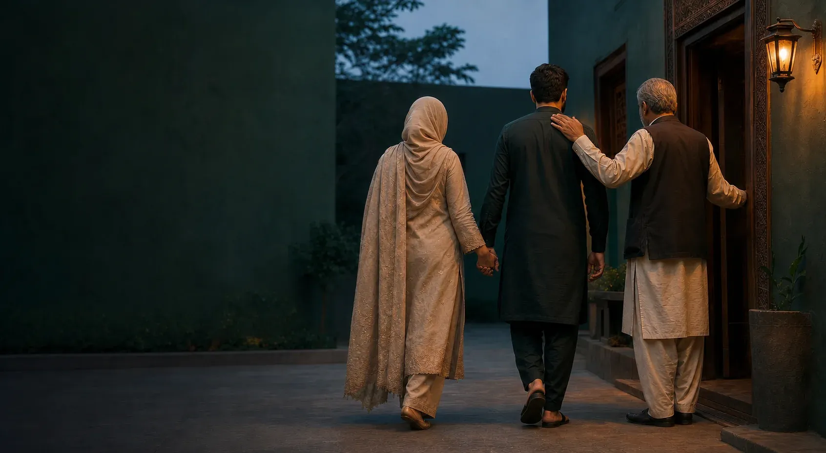 A couple walking hand in hand through a quiet courtyard while an older relative offers a supportive hand