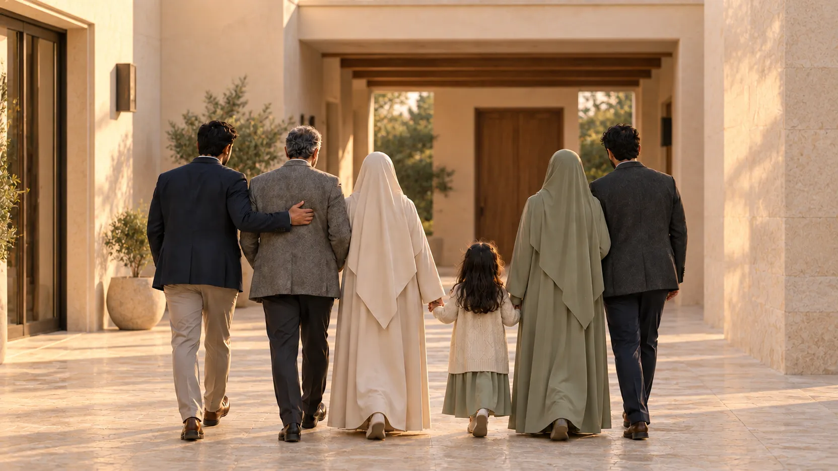 Three generations of a Muslim family walking together through the courtyard of a family home, seen from behind