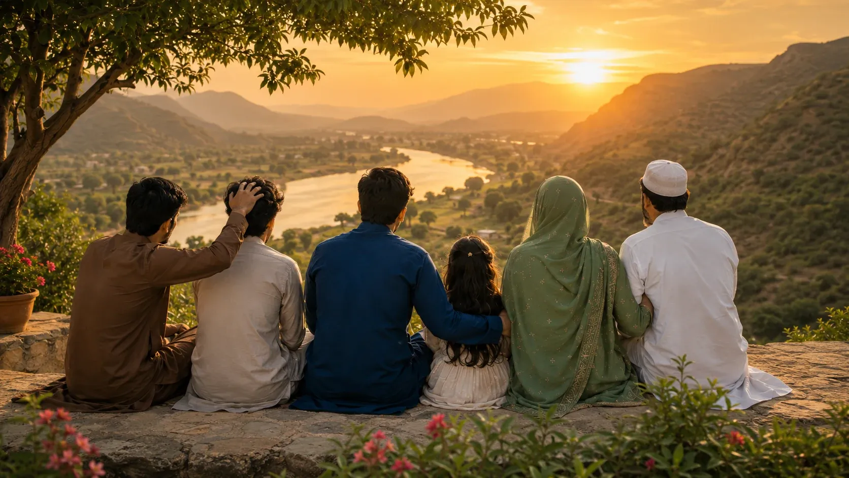 A multigenerational Muslim family seated closely together overlooking a river valley at sunset, seen from behind