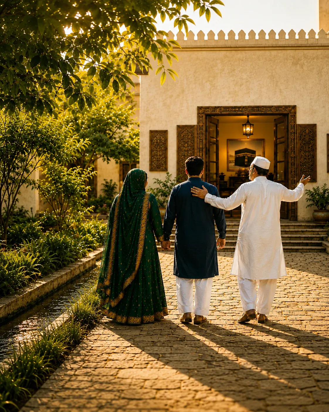 A Muslim couple walking hand in hand through a sunlit Pakistani courtyard while an older relative guides them toward a doorway with a framed image of the Kaaba inside