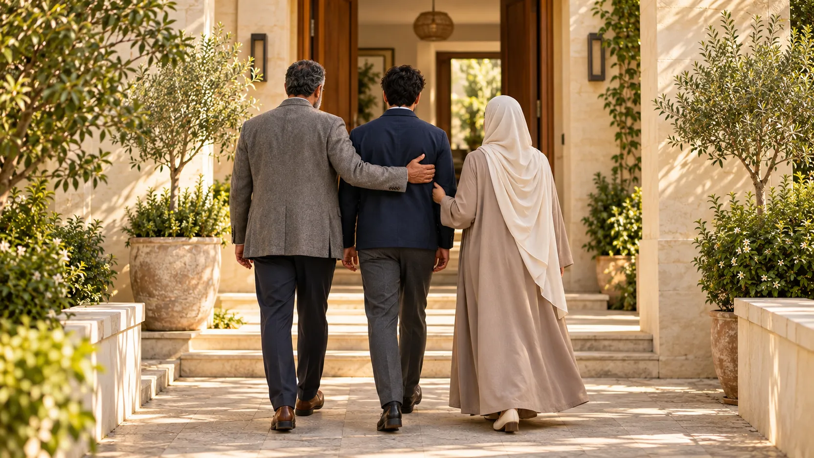 A Muslim mother and father walking beside their adult son toward a family home, each resting a supportive hand on him