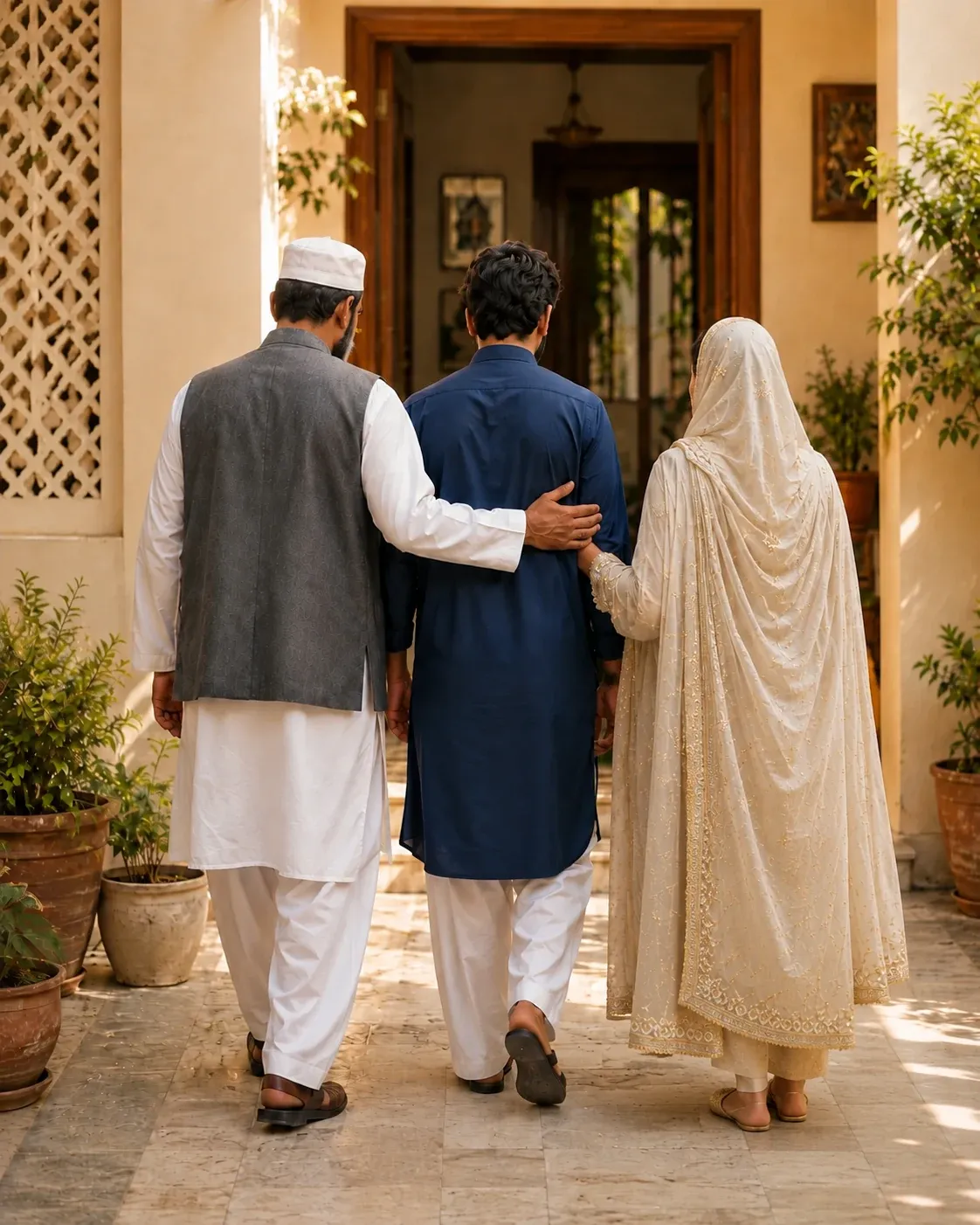 A Muslim mother and father walking beside their adult son toward a family home, each resting a supportive hand on him