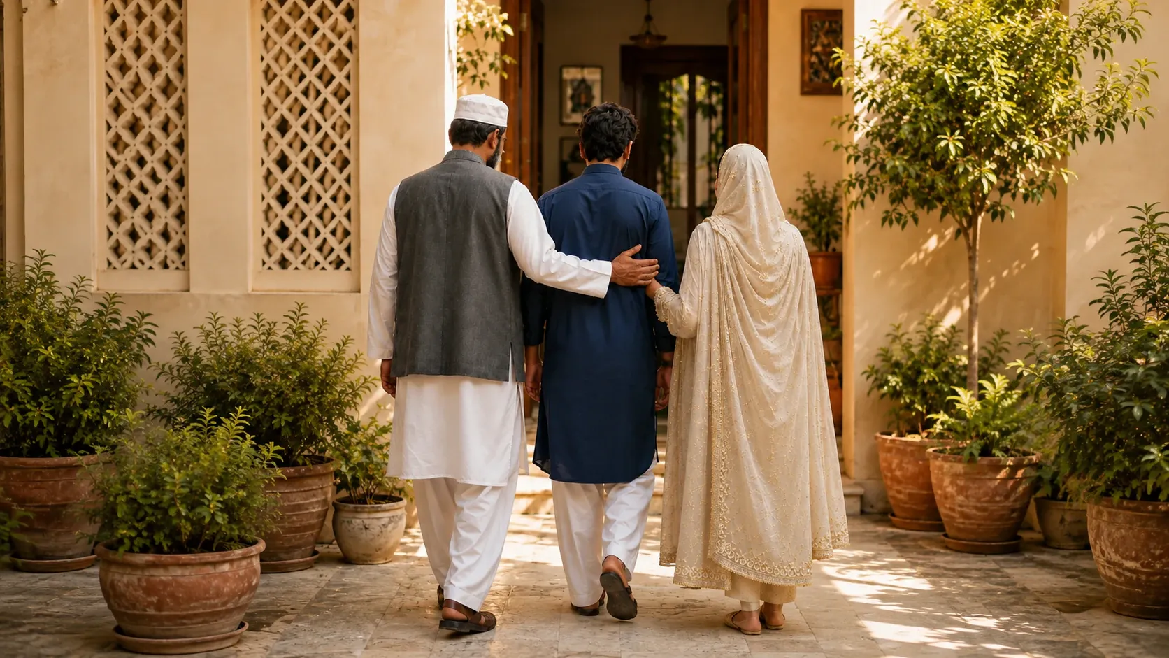 A Muslim mother and father walking beside their adult son toward a family home, each resting a supportive hand on him
