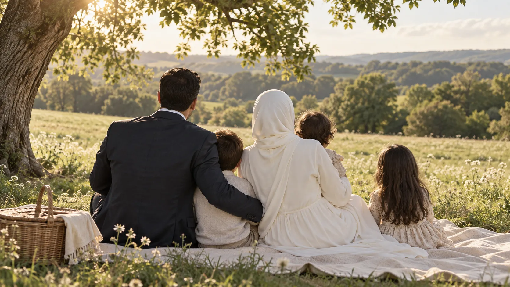 A Muslim family sitting together on a picnic blanket beneath a tree, seen from behind.