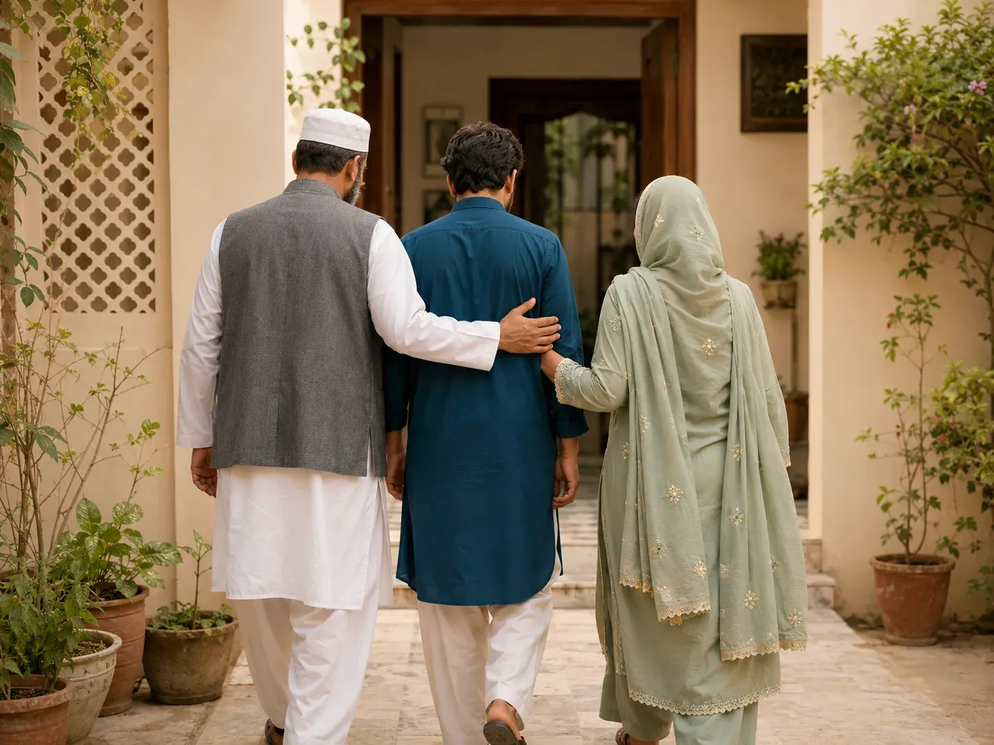 A Pakistani man walking between two older relatives, one with a hand on his back and the other holding his arm