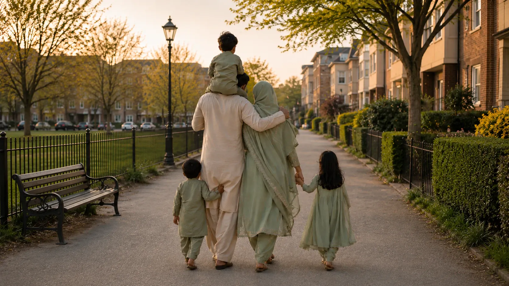 A Pakistani Muslim family with three children, seen from behind, walking together through a neighbourhood at sunset