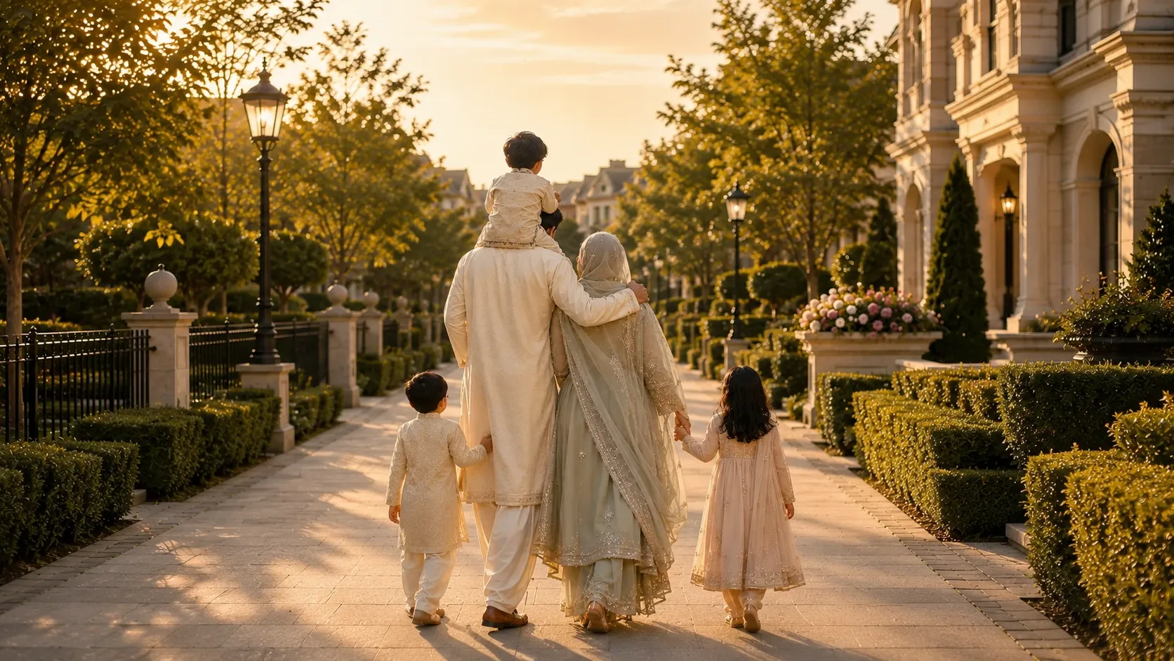 A Pakistani Muslim family with three children, seen from behind, walking together through a neighbourhood at sunset