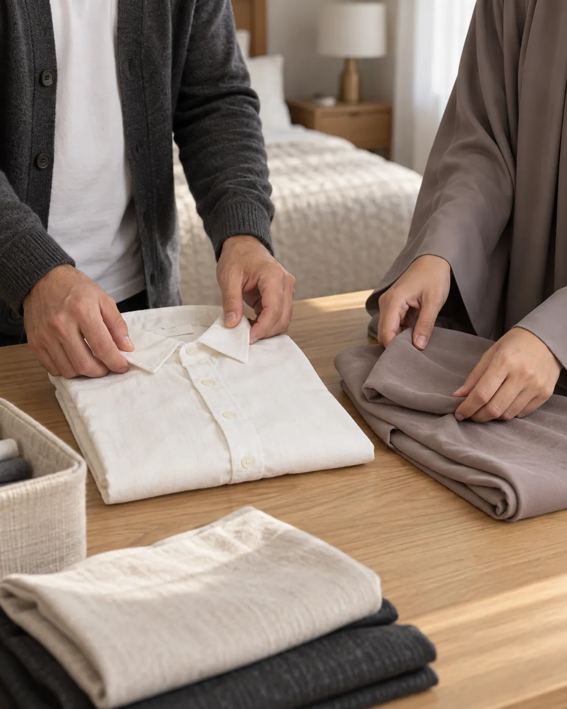 A couple folding a shirt and a scarf together at home, with only their hands and clothing visible.
