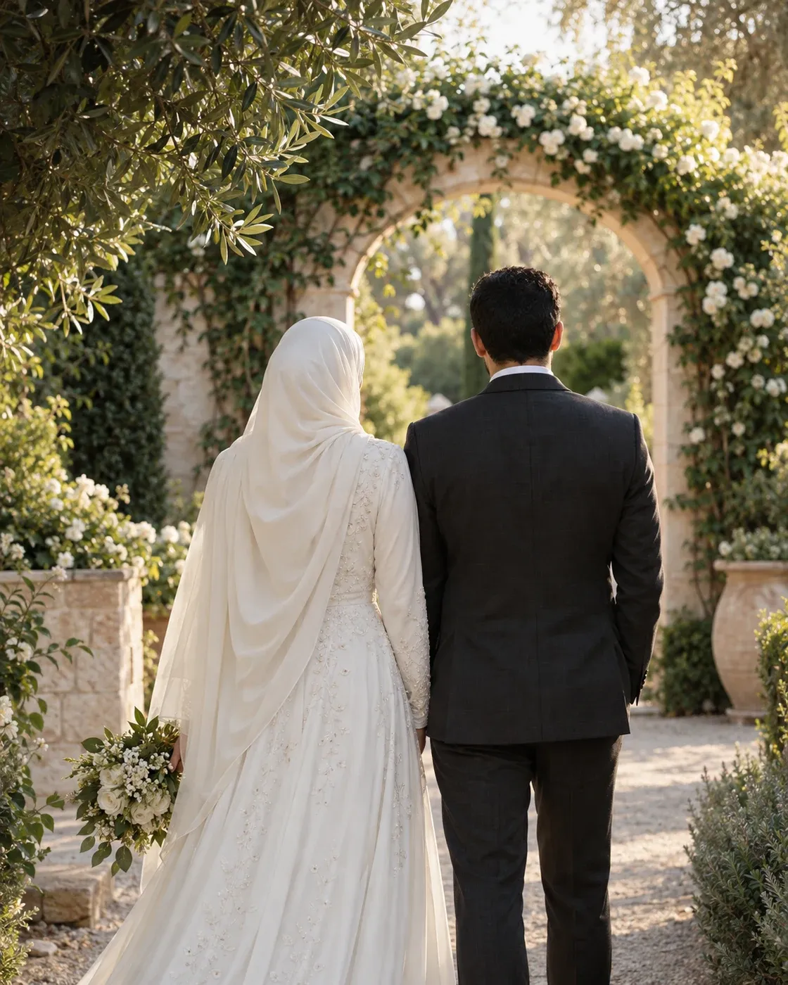 An AI-generated bride and groom seen from behind in a sunlit garden.