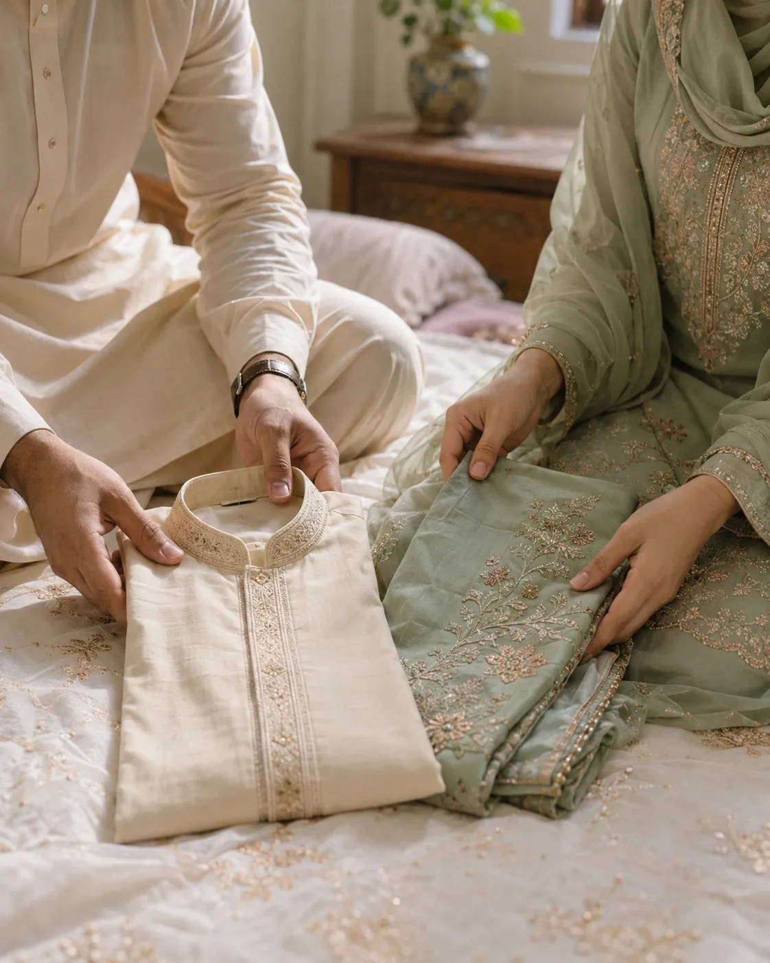 Two people arranging an ivory kurta and a softly embroidered garment together, their faces outside the frame
