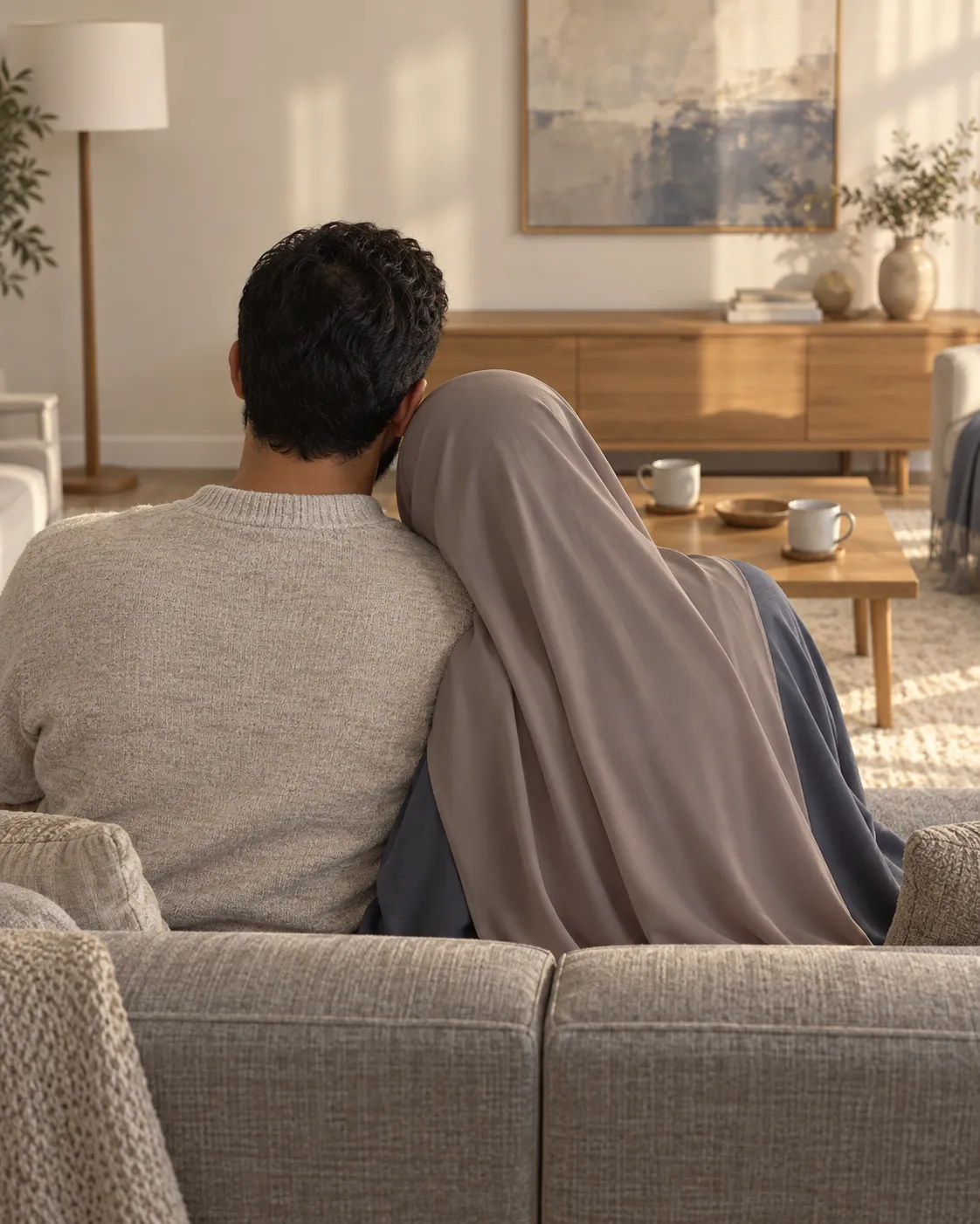 A Muslim couple resting together on a sofa, the wife leaning on her husband’s shoulder, seen from behind.