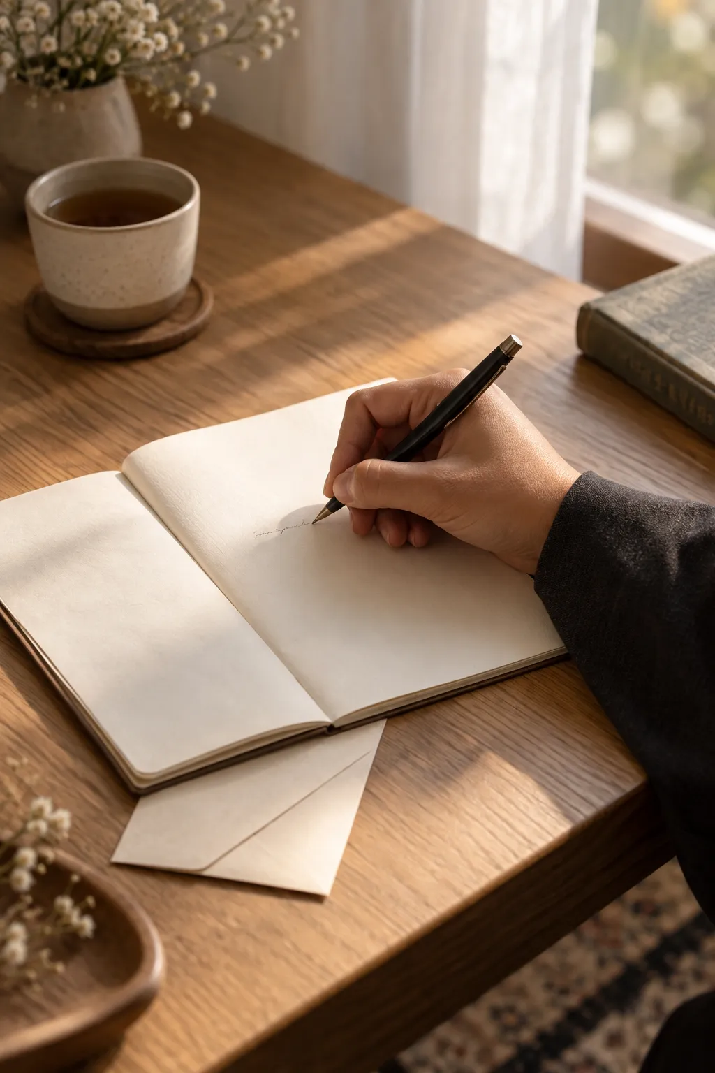 A hand in a dark sleeve writing a message at a sunlit wooden table.