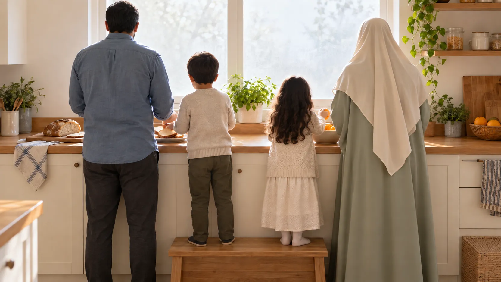 A Muslim couple preparing breakfast with their two children in a bright home kitchen, seen from behind