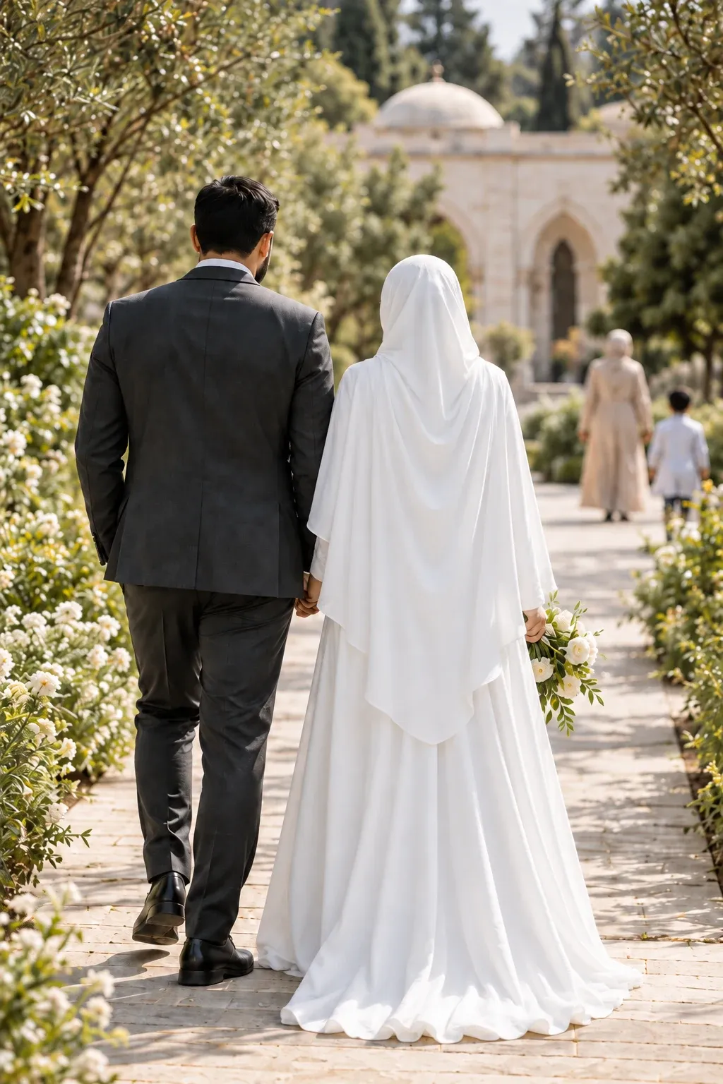 A couple seen from behind in a garden: the groom wears a dark suit and the bride a long white dress and hijab.