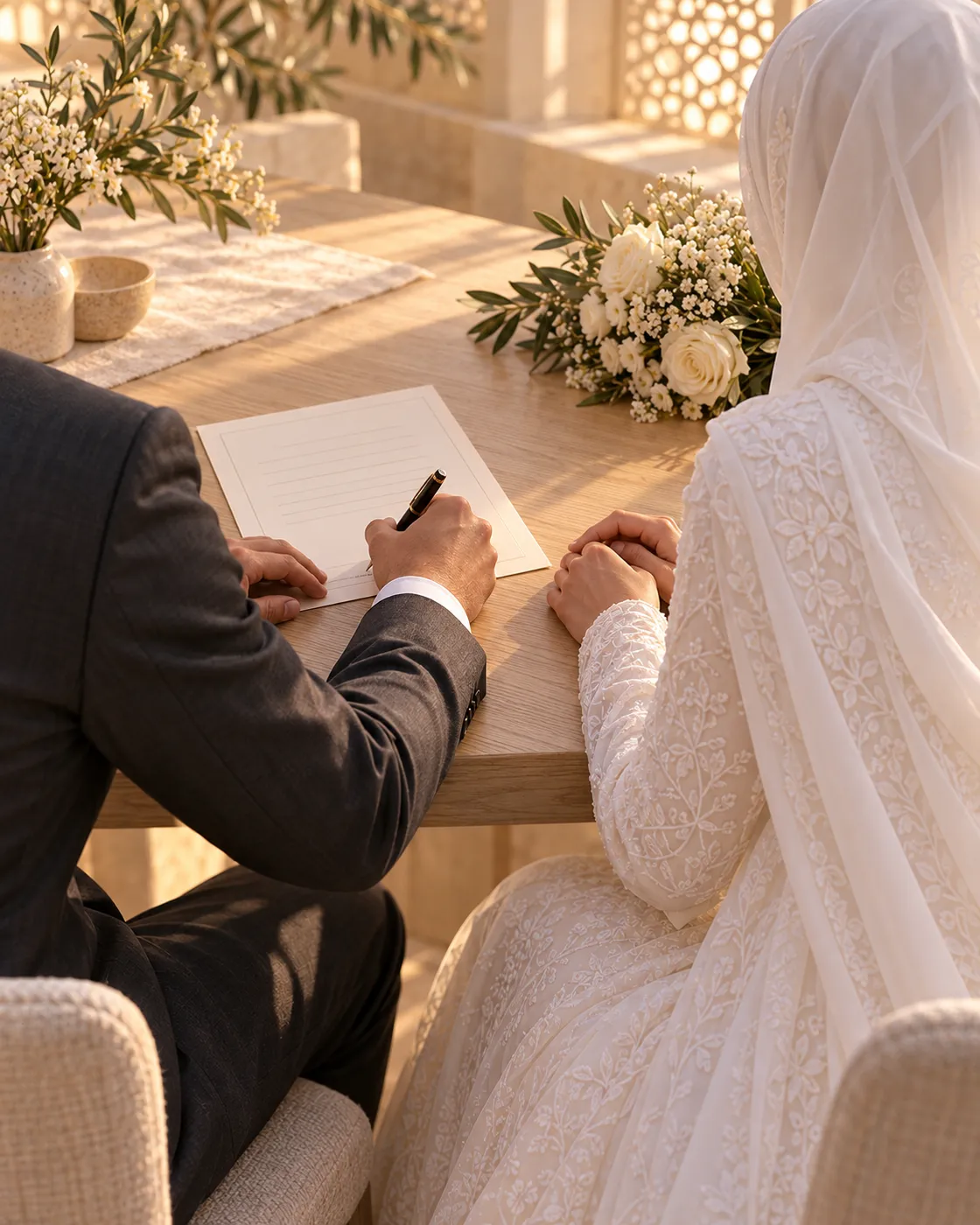 A groom in a dark suit signs a marriage document beside a bride in a white dress and hijab