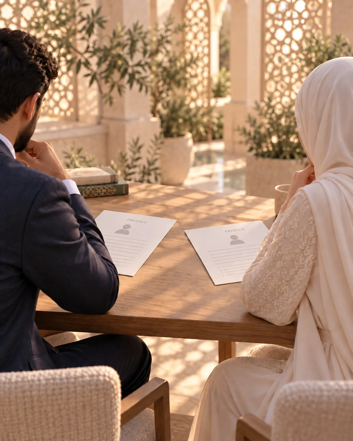 A man and a woman in a white hijab consider profile sheets at a wooden table, seen from behind.