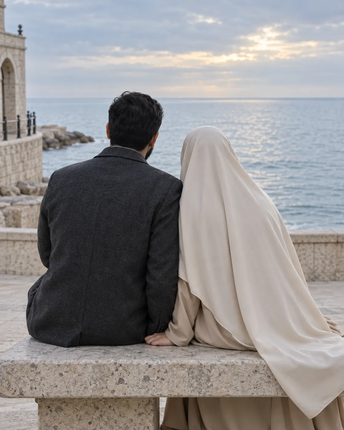 A Muslim couple seated closely together on a stone bench overlooking the sea, seen from behind