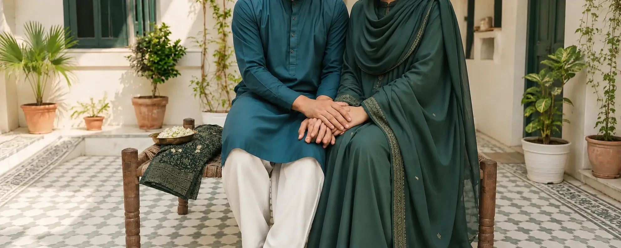 A modestly dressed Muslim couple seated together in a Pakistani courtyard, their hands resting gently together