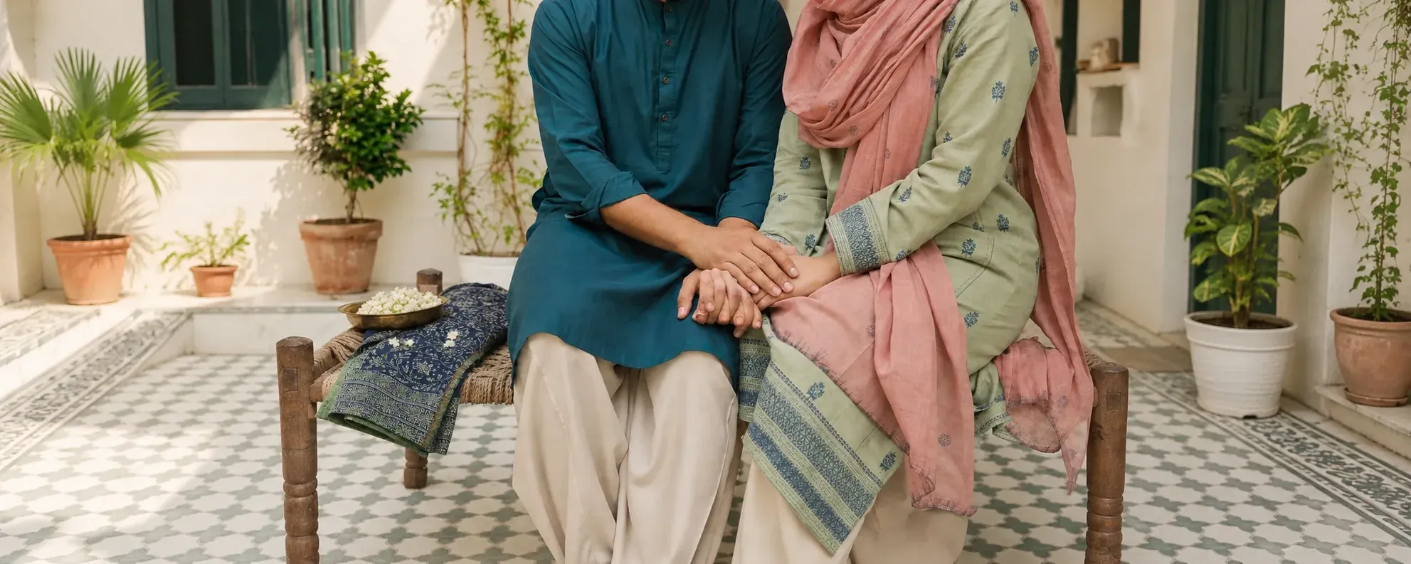 A modestly dressed Muslim couple seated together in a Pakistani courtyard, their hands resting gently together