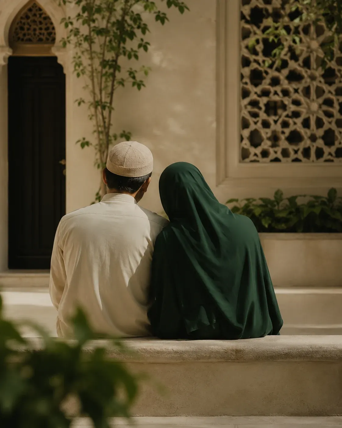 A modestly dressed Muslim couple seated close together in a quiet courtyard, seen from behind
