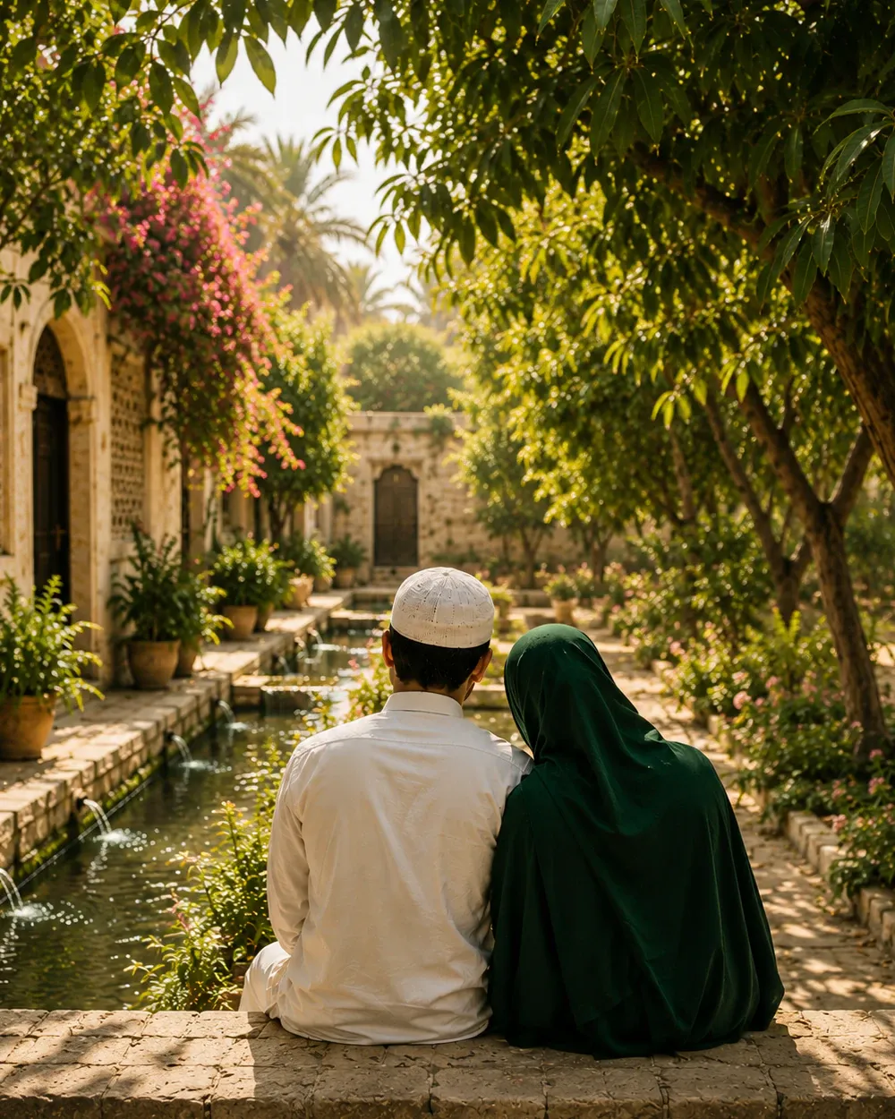 A modestly dressed Muslim couple seated close together in a quiet courtyard, seen from behind