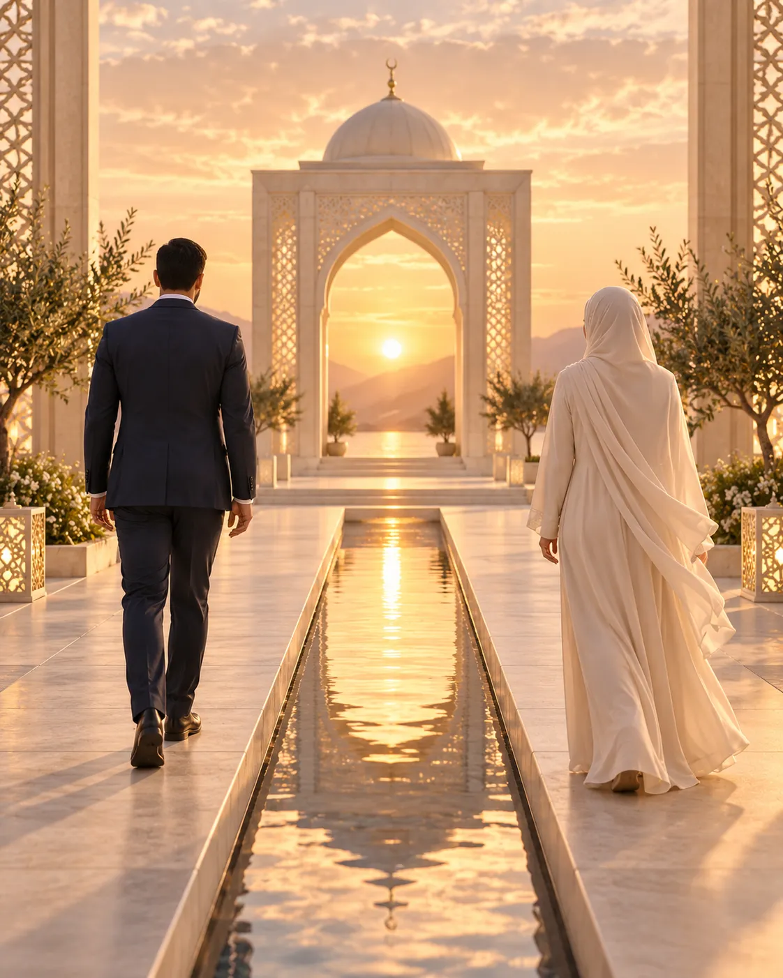 A man in a dark suit and a woman in a flowing ivory dress and hijab walk beside a reflecting pool at sunset, seen from behind.