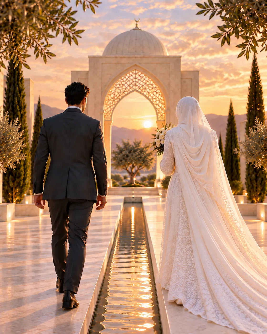A Muslim couple seen from behind in a sunlit garden, the man in a dark suit and the woman in a long white wedding dress and hijab