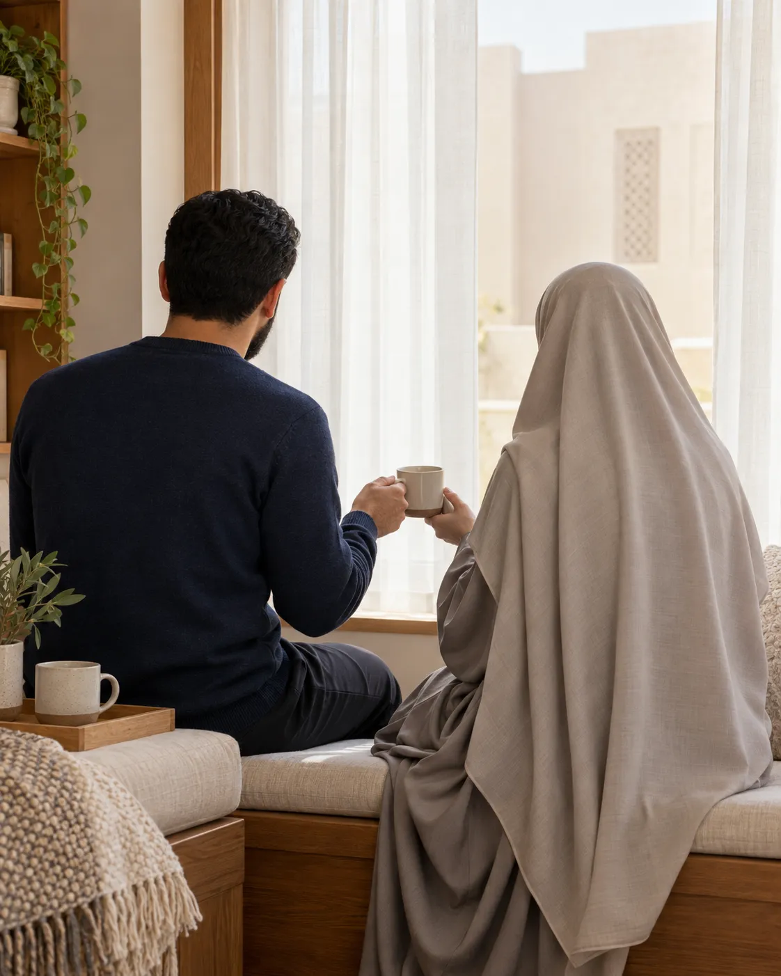 A Muslim couple sharing a cup of tea beside a sunlit window, seen from behind.