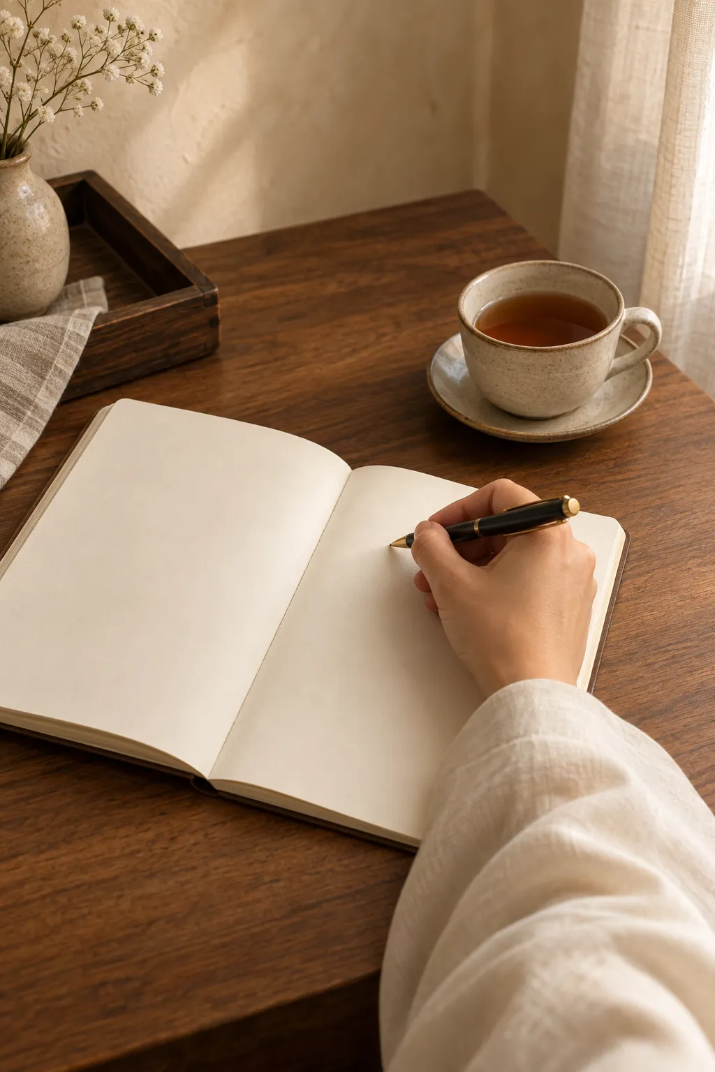 A hand in an ivory sleeve writing in a notebook beside a cup of tea.